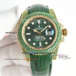 Swiss Replica Rolex Submariner Iced Out Yellow Gold Green Alligator Strap 3135 Watch